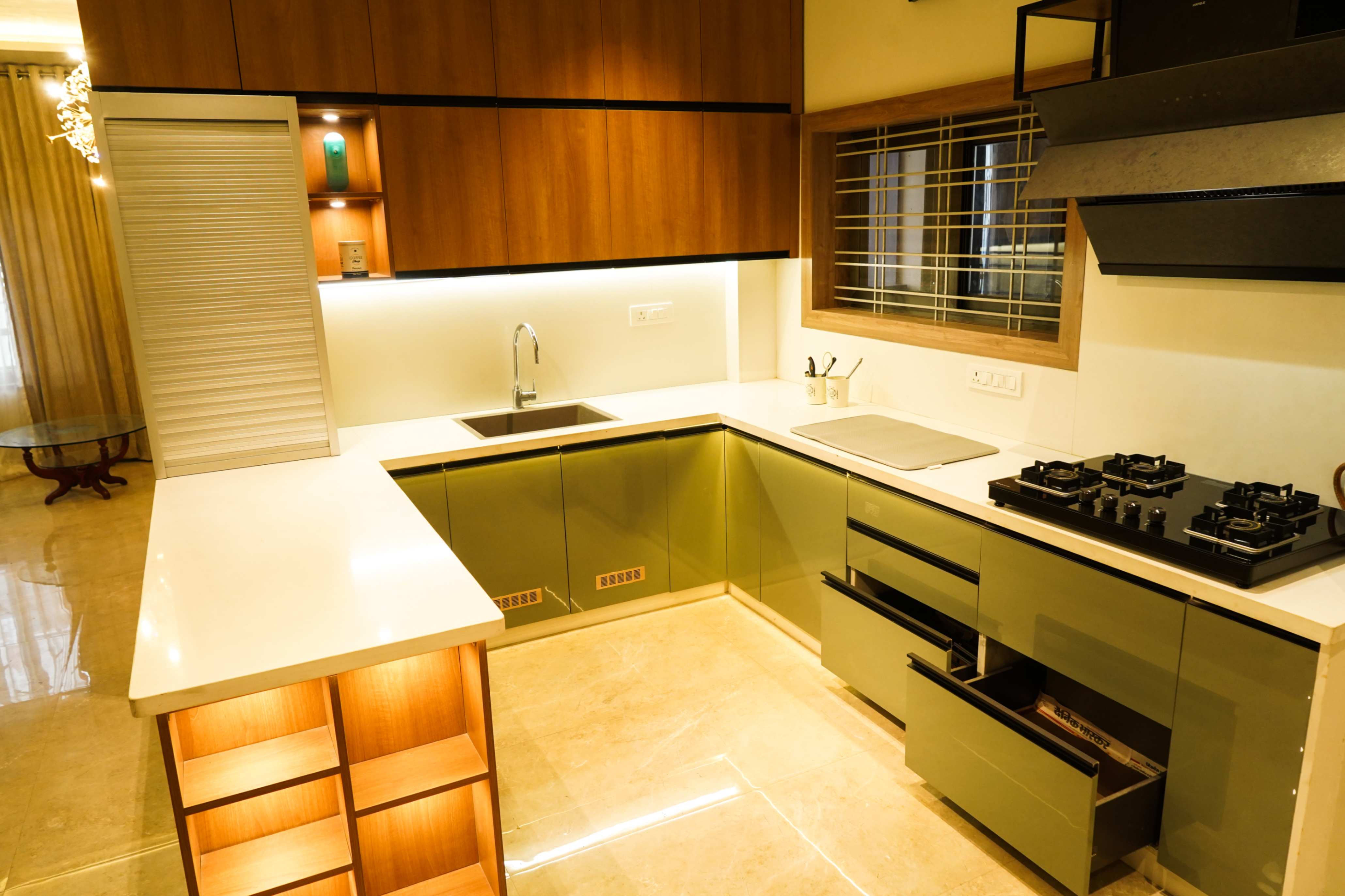 Modern modular kitchen design with wooden cabinets